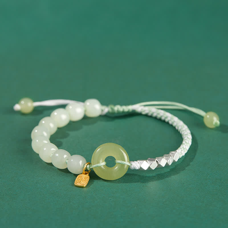 Fortune Jewel 925 Sterling Silver Hetian Jade Peace Buckle Beaded Luck Happiness Charm Bracelet