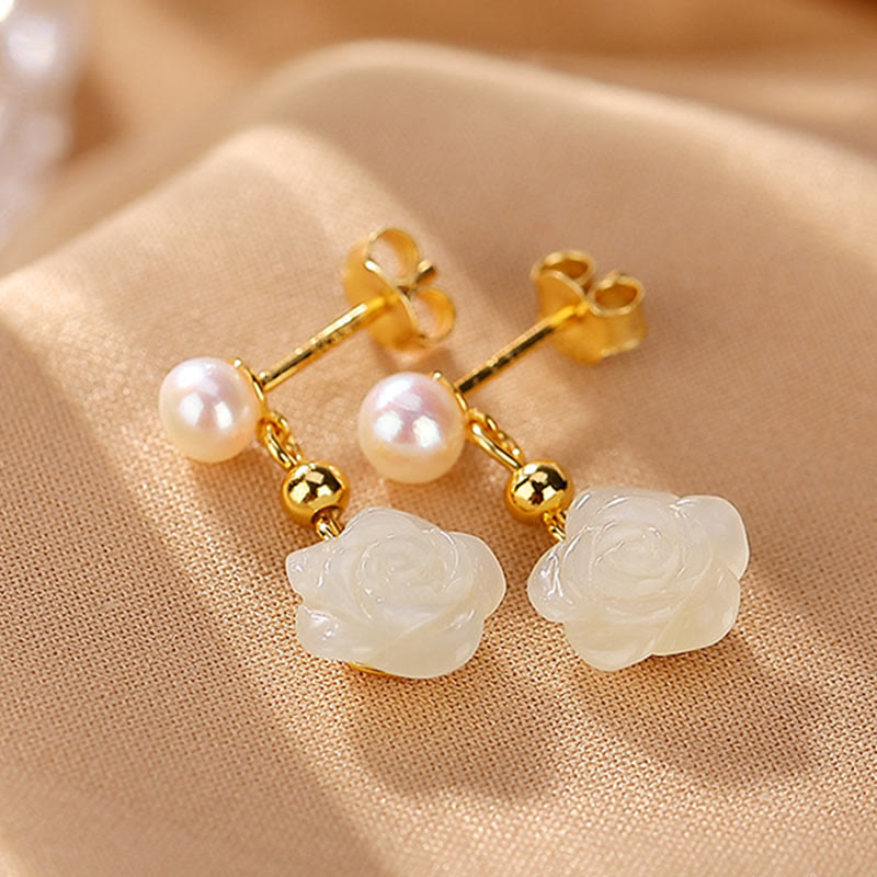 Fortune Jewel 925 Sterling Silver Plated Gold Jade Rose Flower Cyan Jade Pearl Luck Earrings