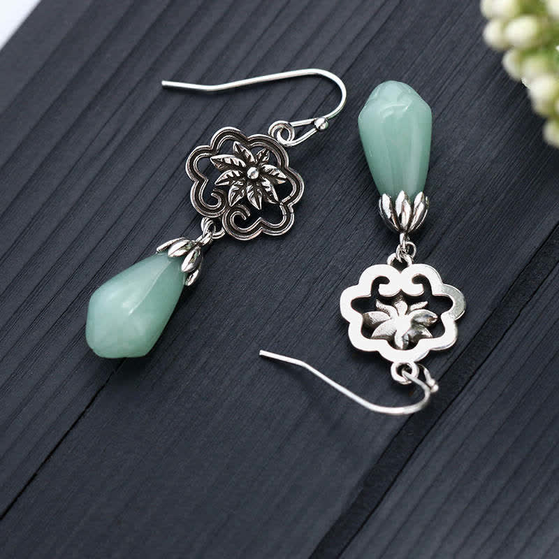 Fortune Jewel Magnolia Flower Jade Water Drop Prosperity Dangle Earrings