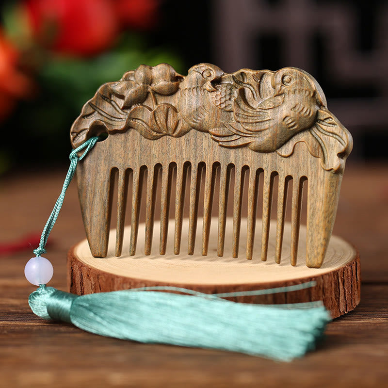 Fortune Jewel Green Sandalwood Fox Peony Flower Lotus Engraved Cure Tassel Comb Fortune Jewel