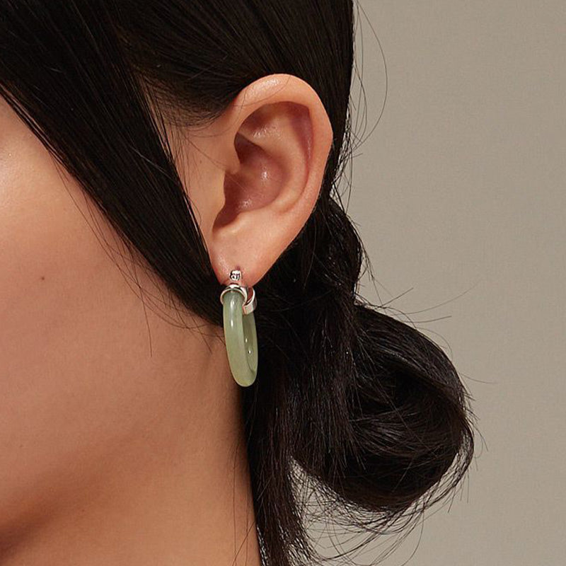 Fortune Jewel Round Jade White Jade Prosperity Earrings