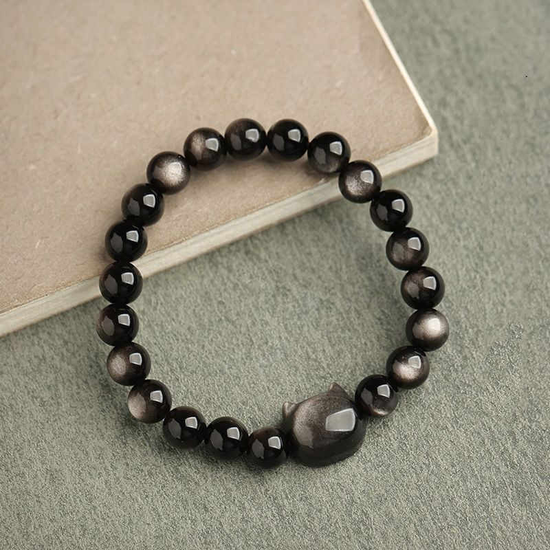 Fortune Jewel Gold Sheen Obsidian Silver Sheen Obsidian Lovely Paw Lucky Cat Protection Bracelet