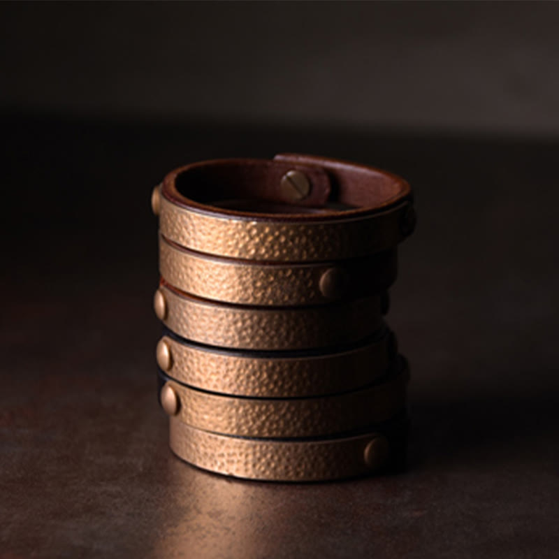 Fortune Jewel Vintage Handmade Texture Copper Brass Leather Wealth Bracelet Bangle