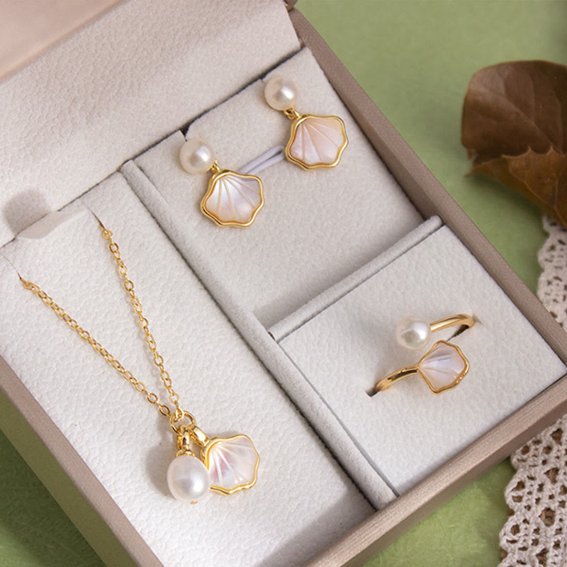 Fortune Jewel Ginkgo Tridacna Stone Pearl Bead Copper Blessing Necklace Pendant Ring Earrings Set