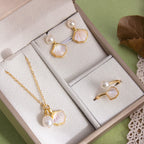 Fortune Jewel Ginkgo Tridacna Stone Pearl Bead Copper Blessing Necklace Pendant Ring Earrings Set