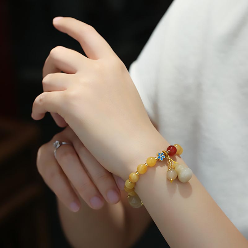 Fortune Jewel Natural Golden Silk Jade Gourd Charm Wealth Luck Bracelet