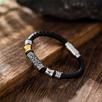 Fortune Jewel Tang Dynasty Flower Design Luck Stainless Steel Buckle Leather Bracelet