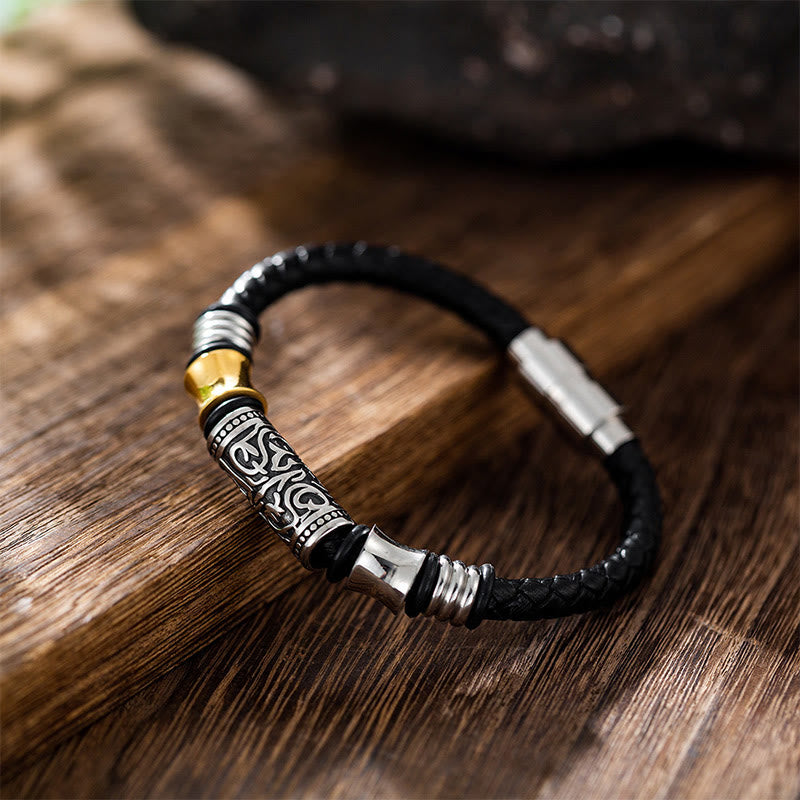 Fortune Jewel Tang Dynasty Flower Design Luck Stainless Steel Buckle Leather Bracelet