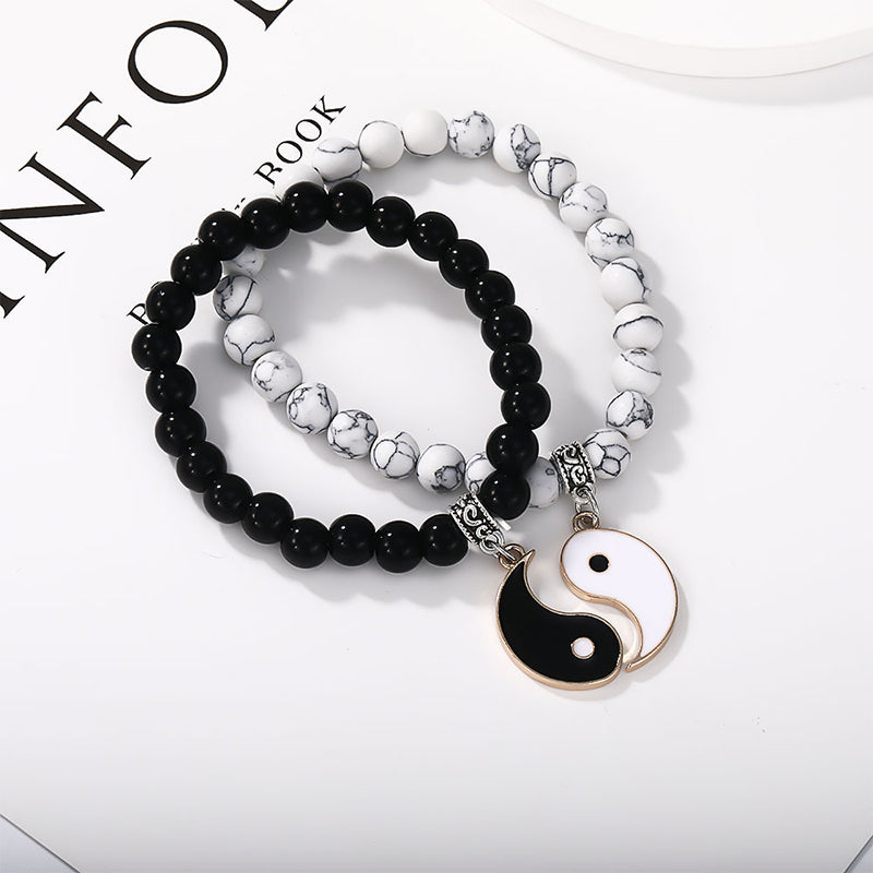 Fortune Jewel 2Pcs Black Onyx White Turquoise Bead Yin Yang Protection Couple Bracelet
