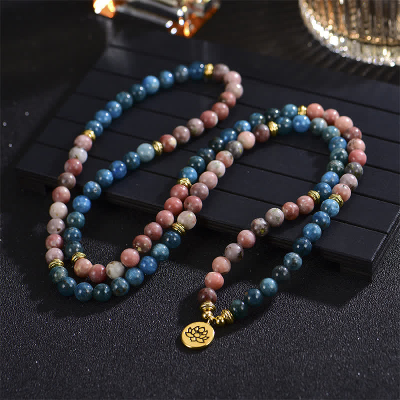Fortune Jewel Lazurite Picasso Jasper Amazonite Rhodonite Apatite Positive Lotus Prayer Bead Bracelet