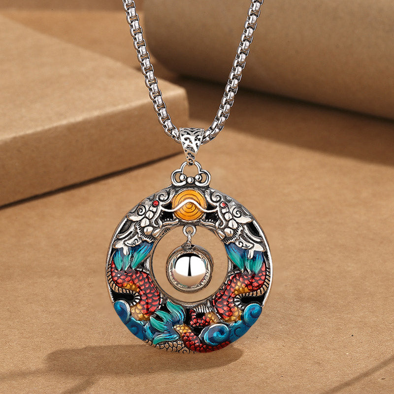 Fortune Jewel Year of the Dragon Colorful Double Dragons Playing Bead Copper Protection Necklace Pendant