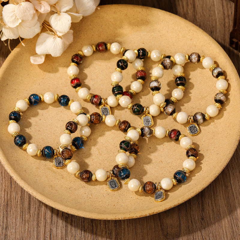 Fortune Jewel Tibetan Zakiram Goddess of Wealth Charm Liuli Glass Incense Ash Porcelain Bead Protection Bracelet