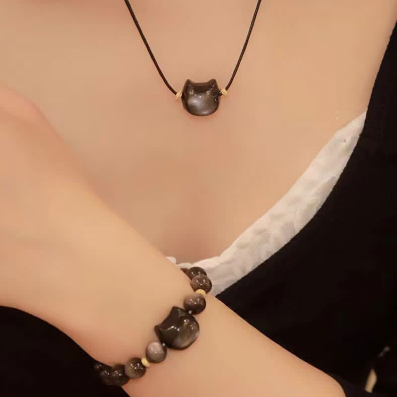 Fortune Jewel Gold Sheen Obsidian Silver Sheen Obsidian Lovely Paw Lucky Cat Protection Bracelet