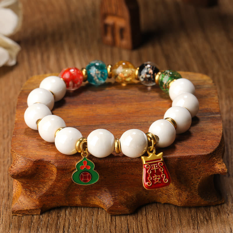Fortune Jewel Tibetan Incense Ash Porcelain Luminous Fluorescent Liuli Glass Bead Gourd Copper Coin Charm Peace Bracelet