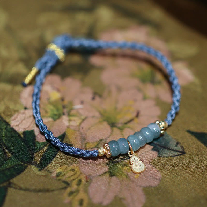 Fortune Jewel 925 Sterling Silver Natural Jade Gourd Rutilated Quartz Fu Character Luck Braid Bracelet