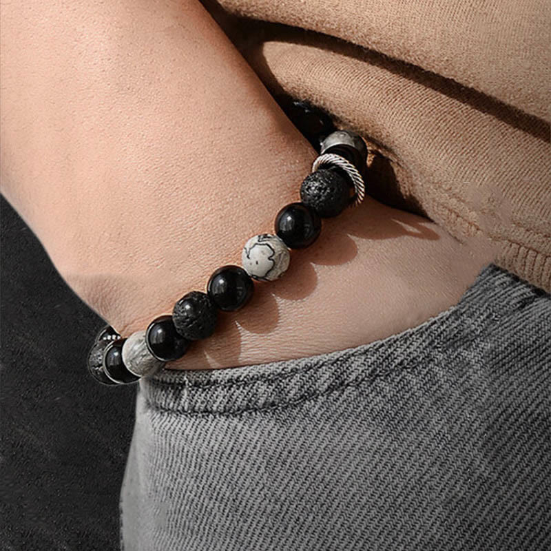 Fortune Jewel Vintage Lava Rock Black Obsidian Picasso Jasper Beads Support Rope Bracelet