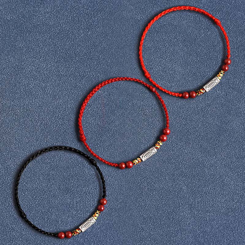 Fortune Jewel 925 Sterling Silver Koi Fish Cinnabar Bead Wealth Handcrafted Braided Bracelet Anklet