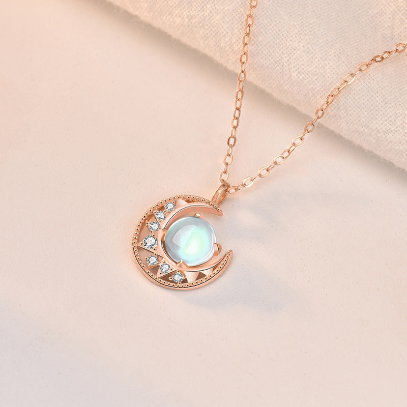 Fortune Jewel 925 Sterling Silver Moonstone Moon Pattern Love Necklace Pendant