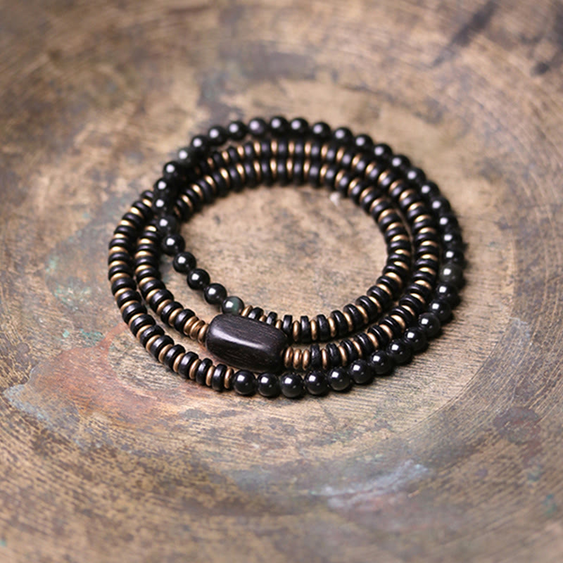 Fortune Jewel Rainbow Obsidian Ebony Wood Copper Healing Triple Wrap Bracelet