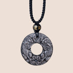 Fortune Jewel Natural Silver Sheen Obsidian Double PiXiu Copper Coin Peace Buckle Protection Necklace Pendant