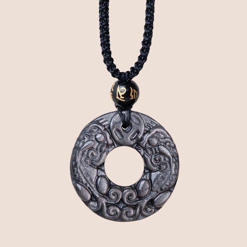 Fortune Jewel Natural Silver Sheen Obsidian Double PiXiu Copper Coin Peace Buckle Protection Necklace Pendant
