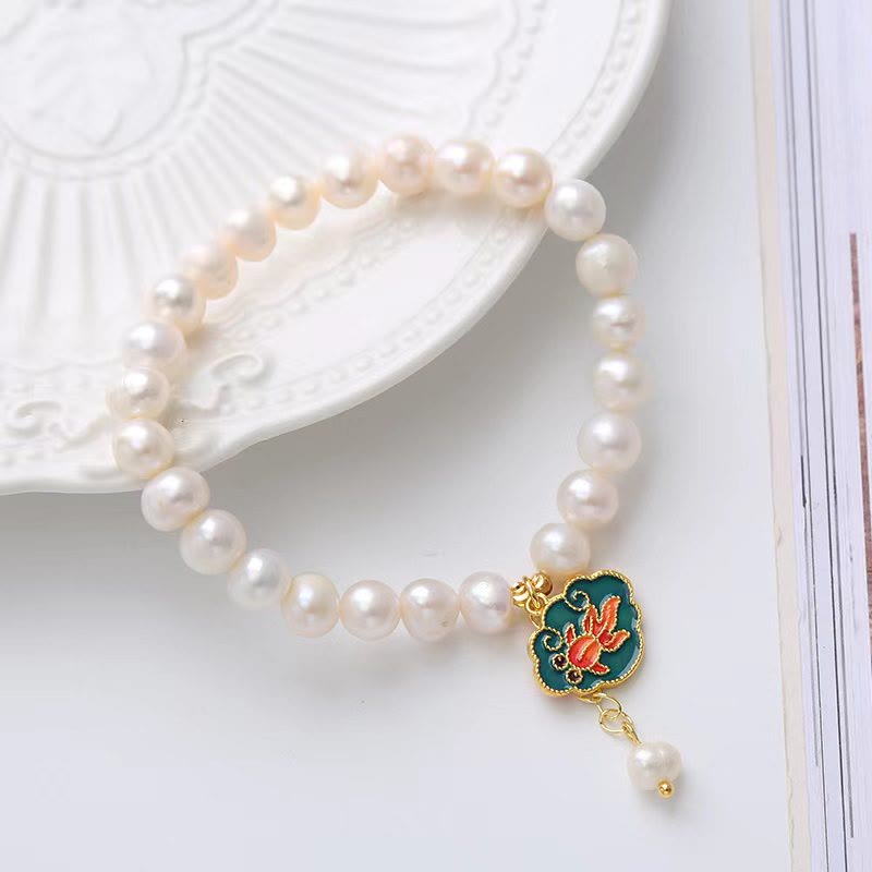 Fortune Jewel Natural Pearl Lotus Koi Fish Goldfish Optimism Charm Bracelet