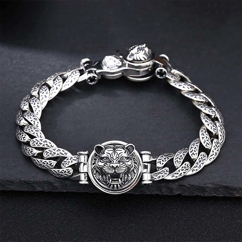 Fortune Jewel Tiger Tang Dynasty Flower Design Engraved Luck Energy Bracelet