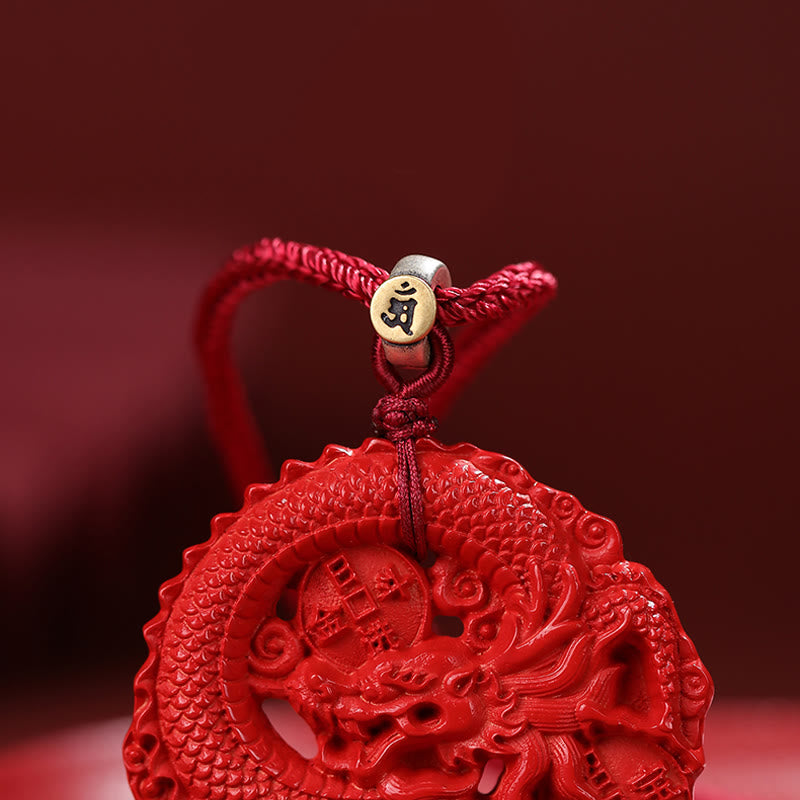 Fortune Jewel Year of the Dragon 925 Sterling Silver Natural Cinnabar Copper Coin Luck Necklace Pendant