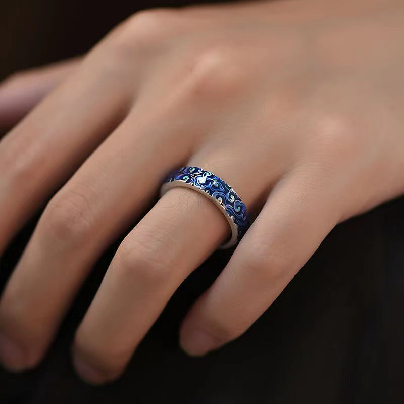 Fortune Jewel Blue Auspicious Clouds Design Healing Copper Adjustable Ring