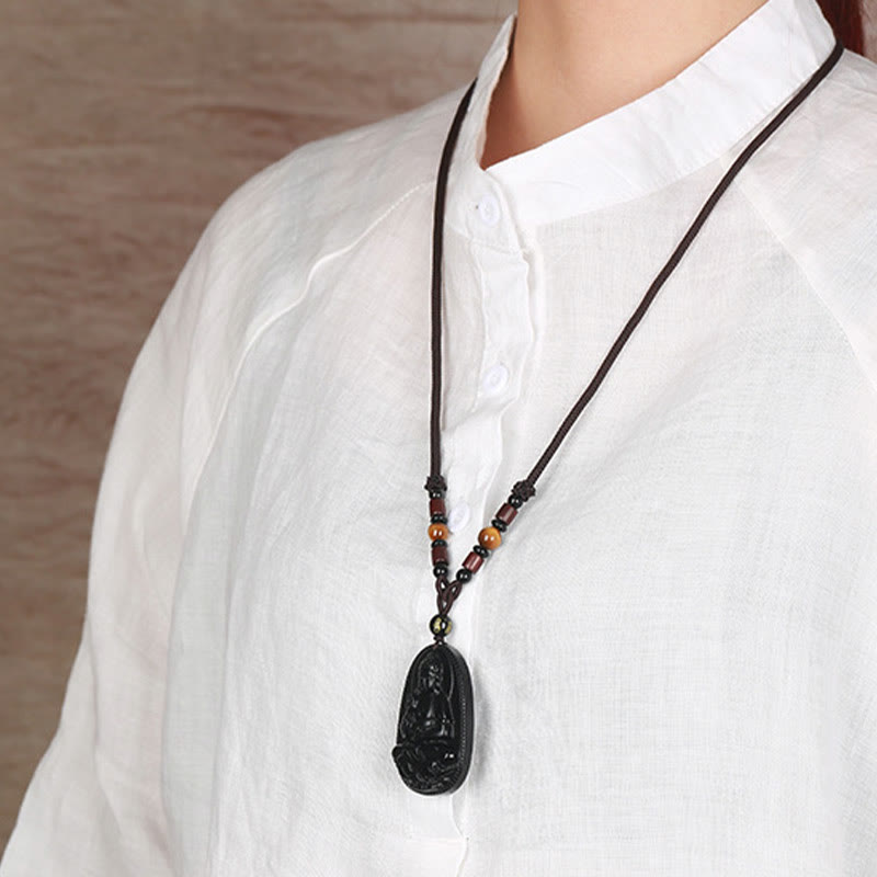 Fortune Jewel Chinese Zodiac Natal Buddha Natural Black Obsidian Purification Necklace Pendant