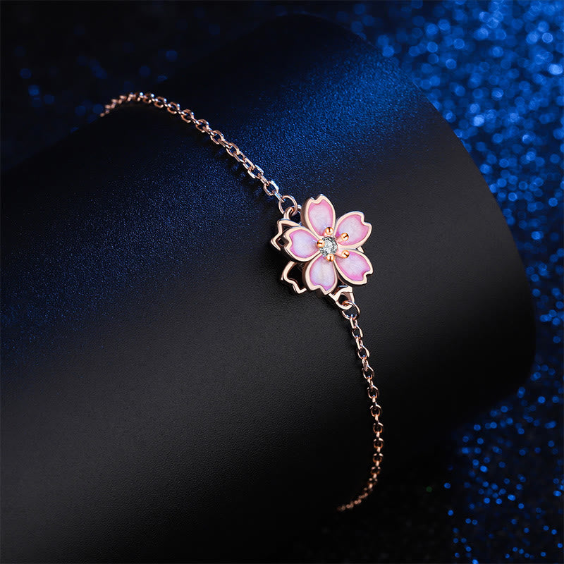 Fortune Jewel 925 Sterling Silver Cherry Blossom Blessing Chain Bracelet Rotatable Ring