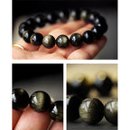 Fortune Jewel 925 Sterling Silver Chinese Zodiac Natal Buddha Natural Gold Sheen Obsidian Amber Wealth Protection Bracelet