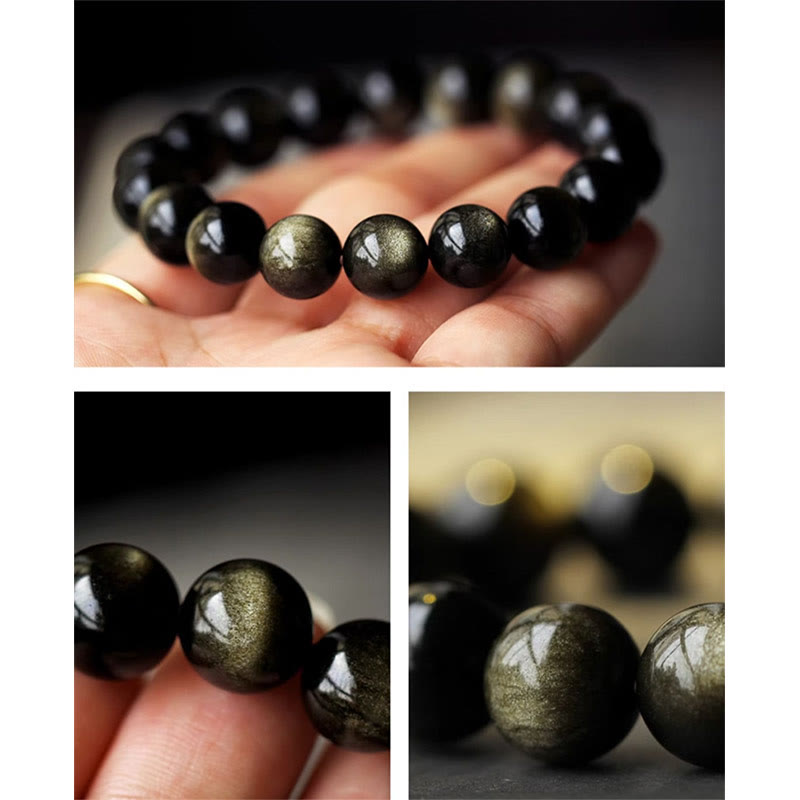 Fortune Jewel 925 Sterling Silver Chinese Zodiac Natal Buddha Natural Gold Sheen Obsidian Amber Wealth Protection Bracelet