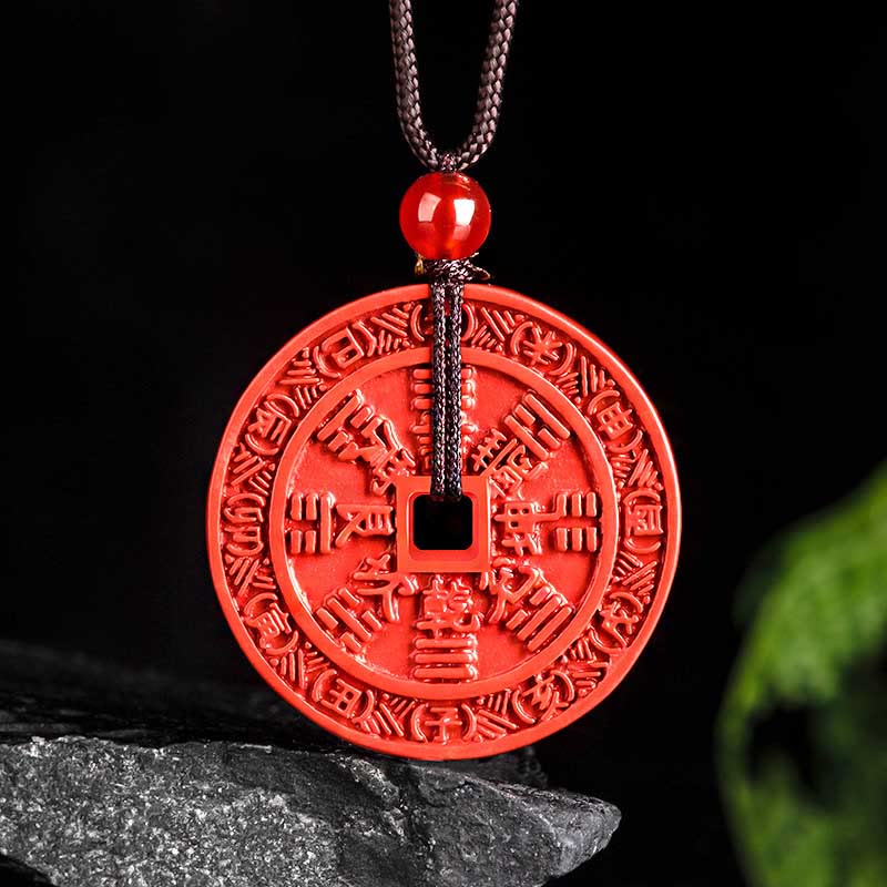 Fortune Jewel Natural Cinnabar Mountain Ghosts Spend Money Bagua Design Blessing Necklace Pendant