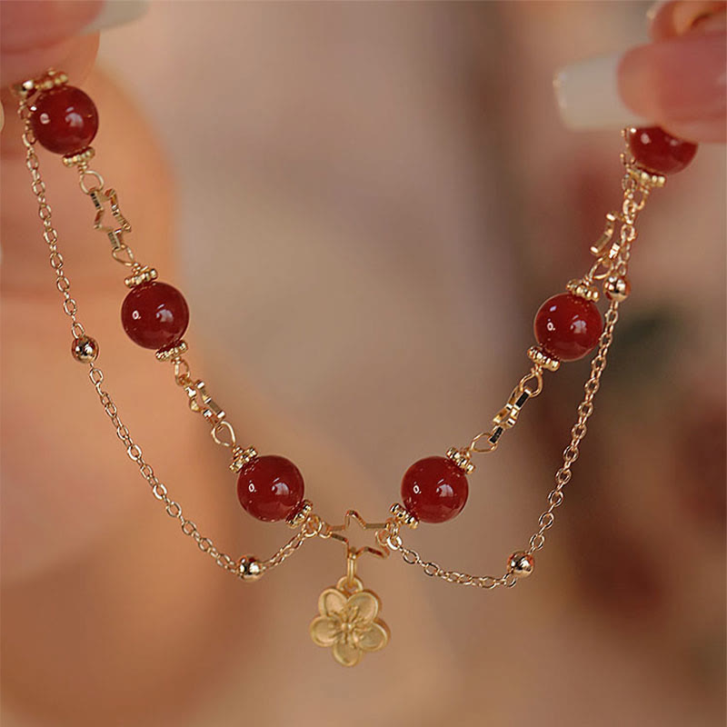 Fortune Jewel 14k Gold Plated Red Agate Star Flower Charm Calm Bracelet