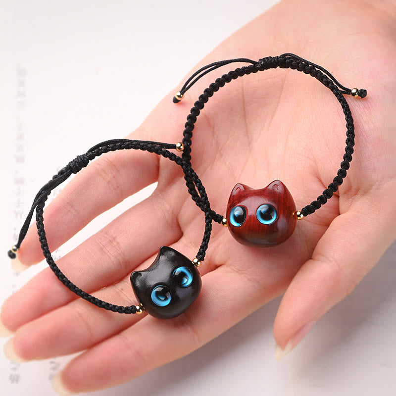 Fortune Jewel Small Leaf Red Sandalwood Ebony Wood Cute Cat Head Calm Protection Braided Bracelet