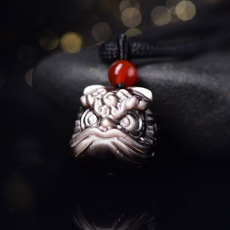 Fortune Jewel Natural Silver Sheen Obsidian Dancing Lion Protection Necklace Pendant