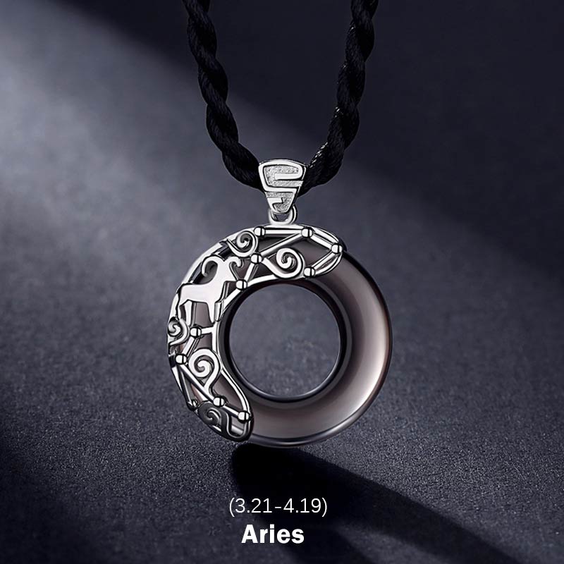 Fortune Jewel 12 Constellations of the Zodiac Ice Obsidian Blessing Round Pendant Necklace