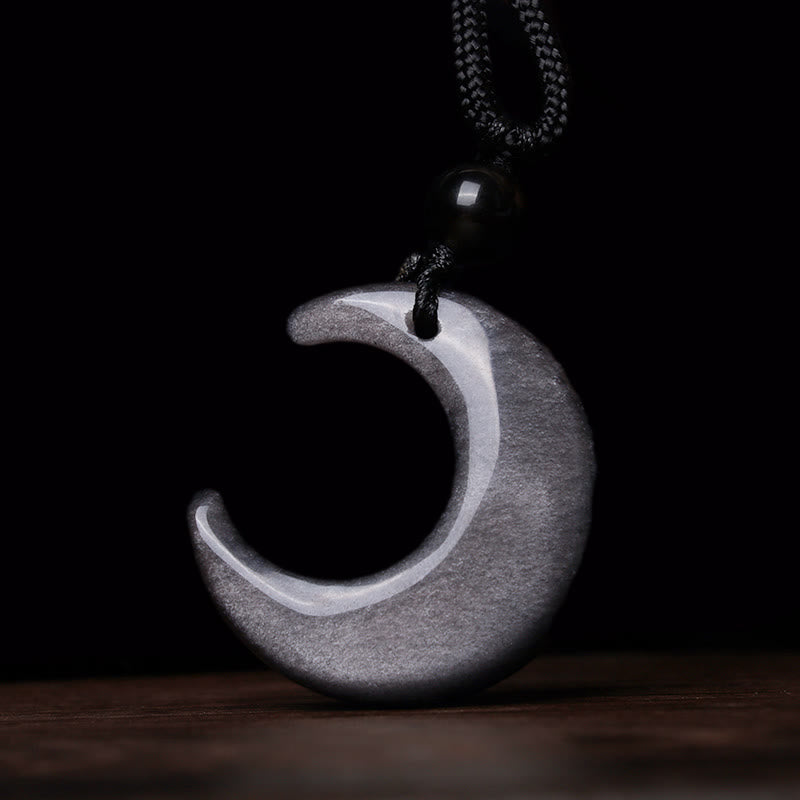 Fortune Jewel Natural Silver Sheen Obsidian Selenite Crystal Crescent Moon Yin Yang Couple Protection Necklace Pendant