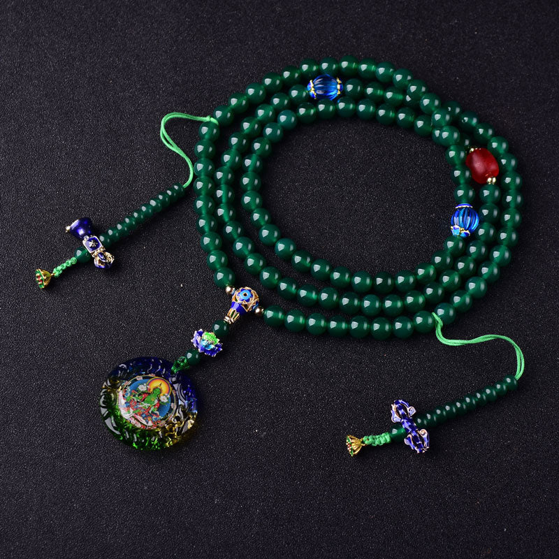 Fortune Jewel 108 Mala Beads Natural Green Agate Bodhisattva Green Tara Manifestation Charm Bracelet