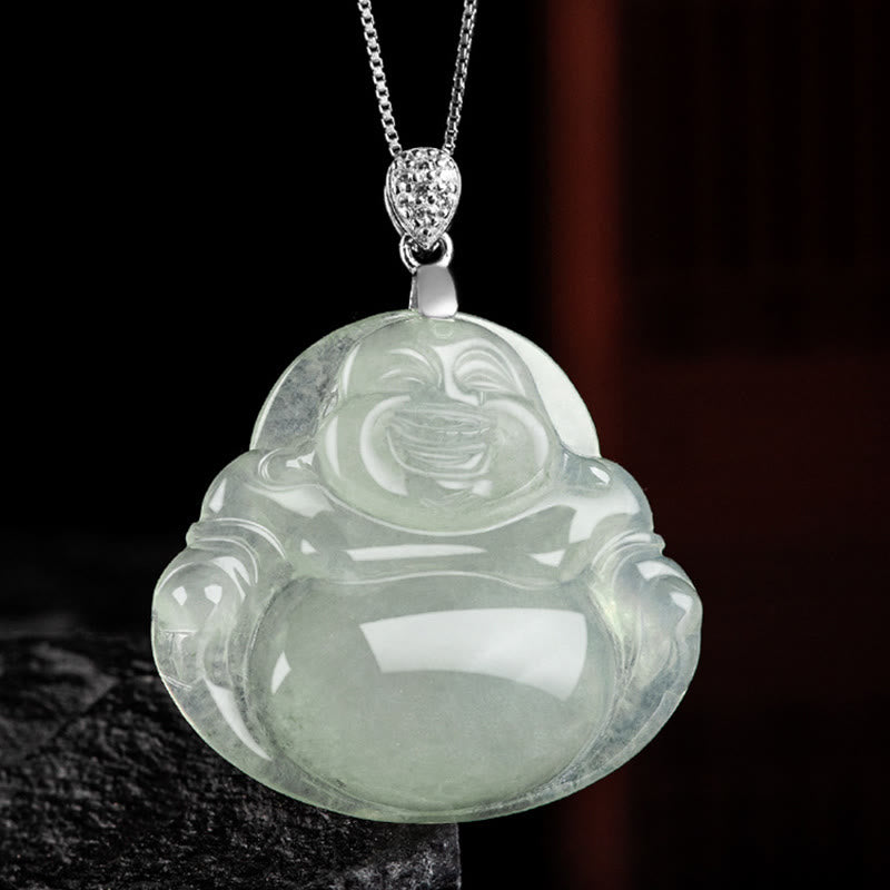 Fortune Jewel Natural Jade Laughing Buddha Prosperity Abundance Titanium Steel Chain Necklace Pendant Fortune Jewel