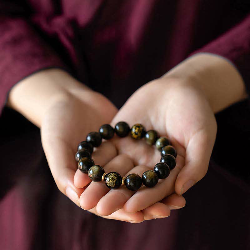 Fortune Jewel Chinese Zodiac Natal Buddha Gold Sheen Obsidian Wealth Protection Bracelet