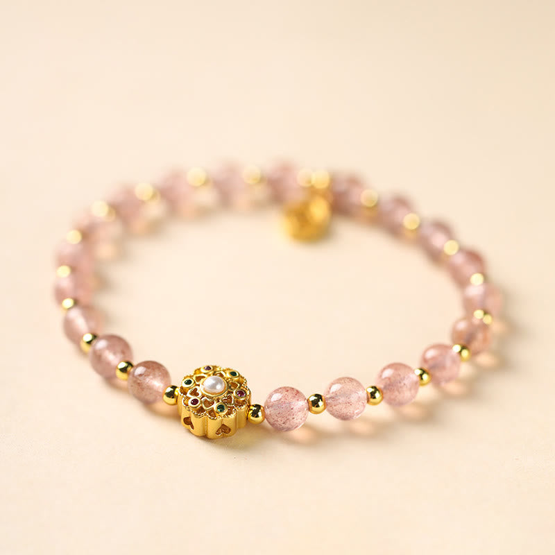 Fortune Jewel 14K Gold Plated Natural Strawberry Quartz Labradorite Sun Stone Fu Character Positive Charm Bracelet