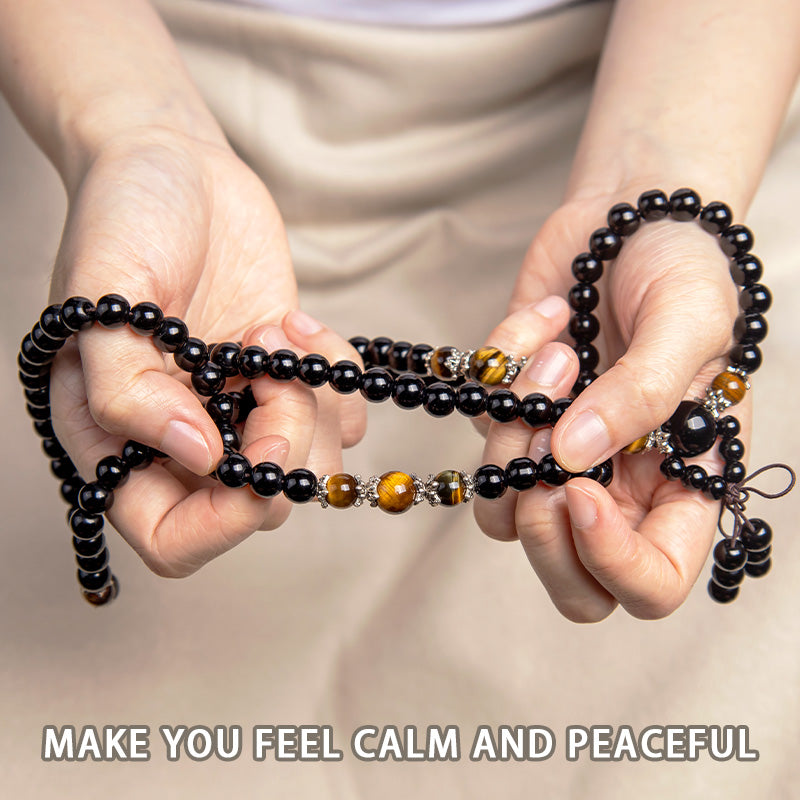 Fortune Jewel 108 Beads Natural Black Obsidian Tiger Eye Mala Bracelet