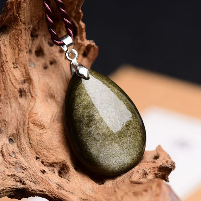 Fortune Jewel Gold Sheen Obsidian Black Obsidian Rainbow Obsidian Wealth Water Drop Necklace Pendant