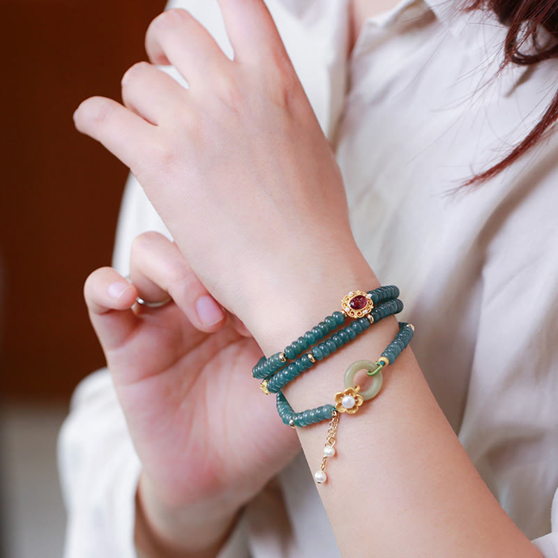 Fortune Jewel 925 Sterling Silver Gold Plated Cyan Jade Flower Peace Buckle Success Triple Wrap Bracelet