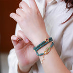 Fortune Jewel 925 Sterling Silver Gold Plated Cyan Jade Flower Peace Buckle Success Triple Wrap Bracelet