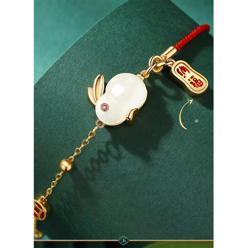 Fortune Jewel Year of the Rabbit White Jade Happiness Red String Chain Bracelet