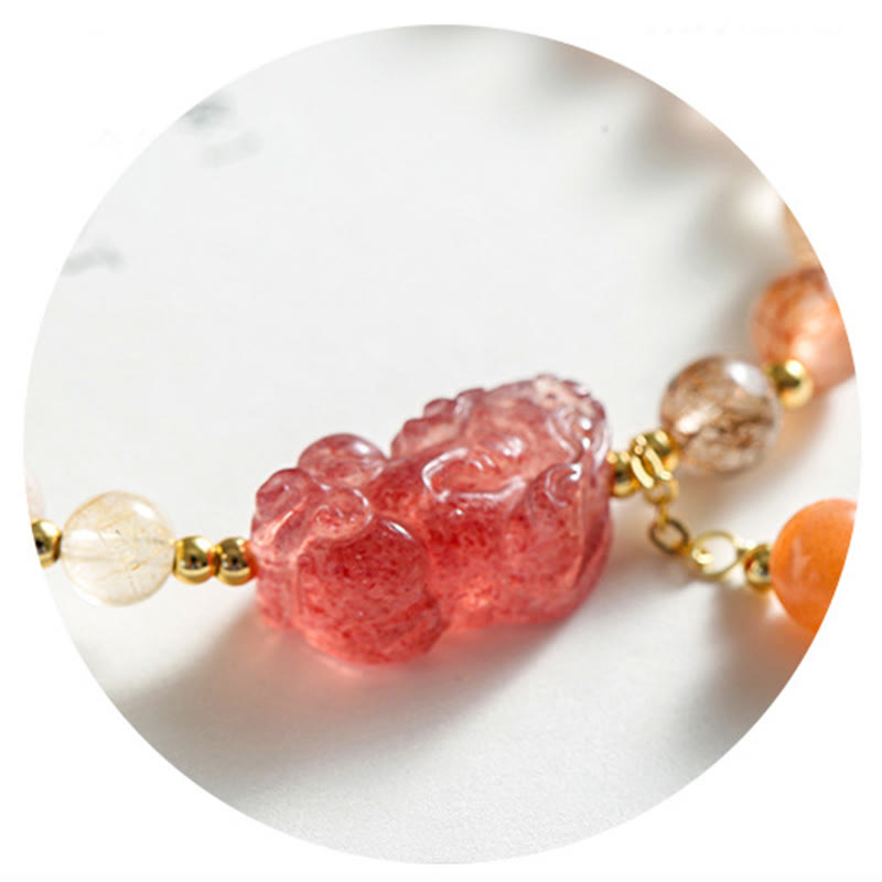 Fortune Jewel Natural Rutilated Quartz Strawberry Quartz PiXiu Wealth Bracelet