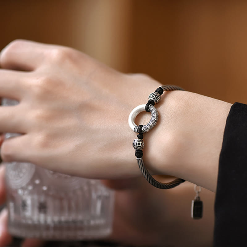 Fortune Jewel 999 Sterling Silver Fu Character Peace Buckle Copper Coin Auspicious Clouds Fortune Bracelet